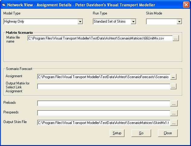 Assignment form set up for a highway standard set of skims
