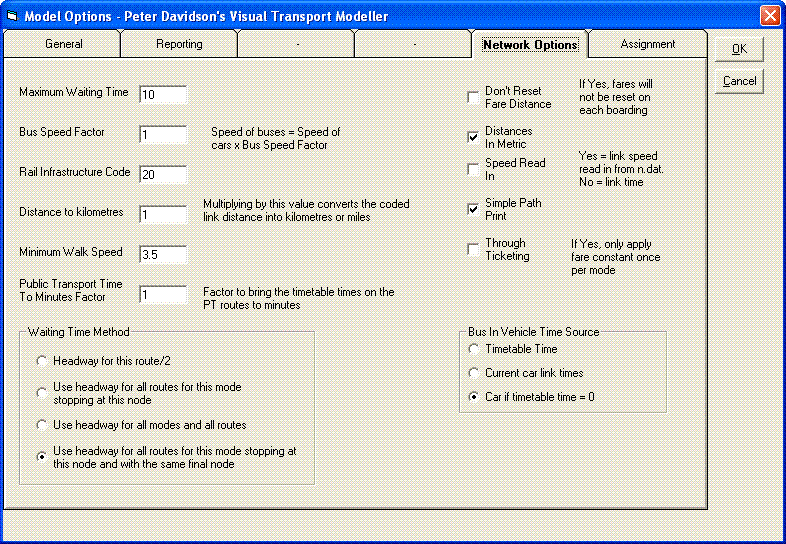 Model options form - Network options tab