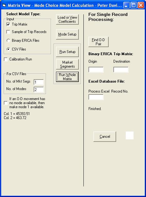 Mode choice run control form with run completed