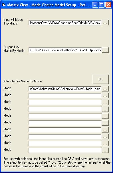 Completed mode choice setup form
